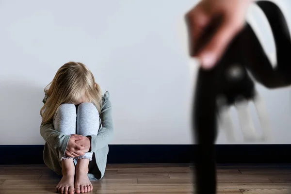 Child Abuse Violence Concept Young Girl Scared Sitting Floor Parent — стоковое фото