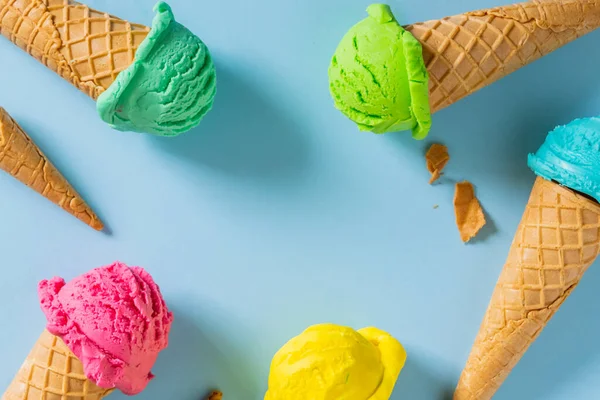Colorful Ice Cream Scoops Cones Bright Blue Background Top View — Stockfoto