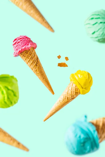 Flying Colorful Ice Cream Scoops Cones Bright Background Levitation High — Stock Photo, Image