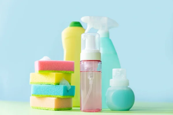 Cleaning Concept Cleaning Supplies Pastel Yellow Background Copy Space — Photo