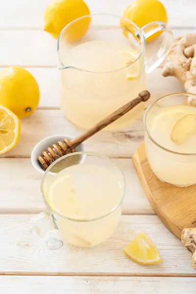 Ginger tea and ingredients - lemon, ginger, honey, copy space