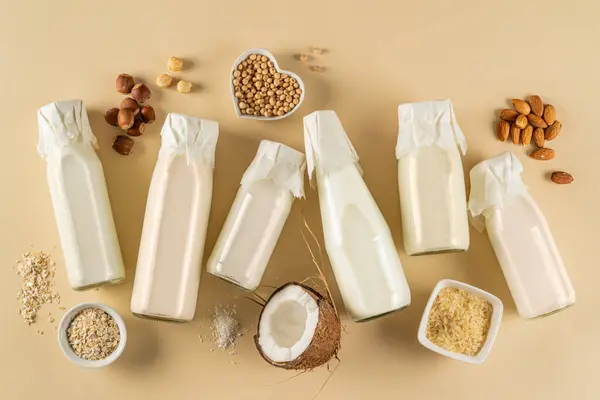 Pflanzliches Milchkonzept Auswahl Alternativer Milchsorten Draufsicht — Stockfoto