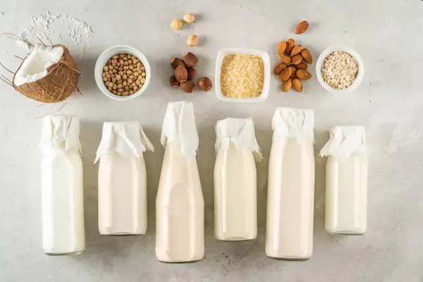 Концепція Рослинного Молока Вибір Альтернативних Молочних Продуктів Сільському Фоні Вид — стокове фото