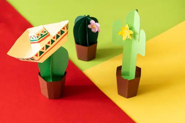 Cinco Mayo Concept Paper Craft Cactus Sombrero Solid Color Background Stock Picture