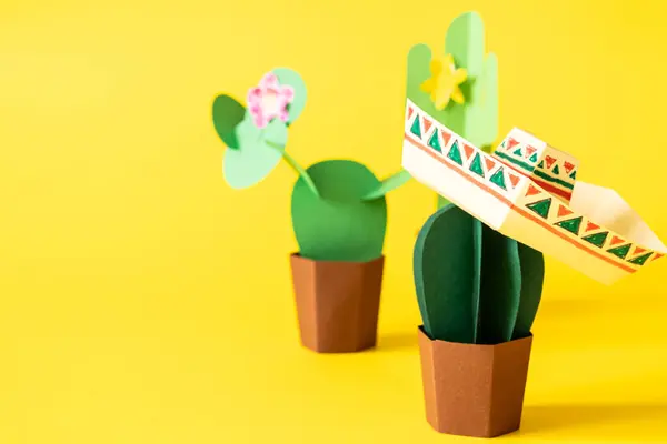 Cinco Mayo Concept Paper Craft Cactus Solid Color Background High Stock Photo