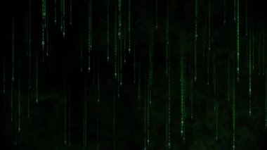 Siber güvenlik kavramı - siber uzayda oluşturulan mavi ışıltılı veri matrisinde 0 ve 1 'lik diziler tepeden tırnağa düşüyor. Bir veri tabanında dijital veri akışı. Yüksek kaliteli FullHD görüntüler