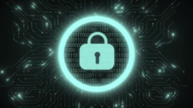 Siber güvenlik kavramı - kapalı kilit, ikili kod çalıştırma, devre ızgarası. Yüksek kaliteli FullHD görüntüler