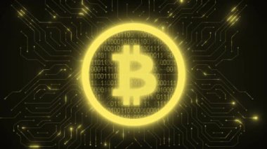 Kripto para birimi konsepti - bozuk para sembolü, ikili kod çalıştırma, devre şebekesi. Yüksek kaliteli FullHD görüntüler