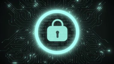 Siber güvenlik kavramı - kapalı kilit, ikili kod çalıştırma, devre ızgarası. Yüksek kaliteli FullHD görüntüler