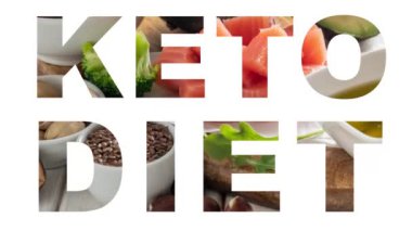 Keto diyet konsepti. Keto diyet harflerinin arkasına taşınan yiyecekler. Yüksek kalite 4k görüntü