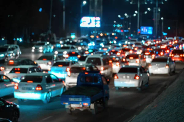 stock image Blurred car traffic lights at night city. Traffic jam in evening rush hour.
