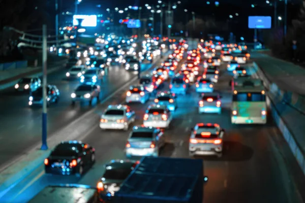 Blurred Car Traffic Lights Night City Traffic Jam Evening Rush — Stock Photo, Image