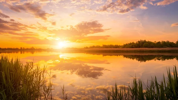 Malerische Aussicht Auf Schönen Sonnenuntergang Oder Sonnenaufgang Über Dem Teich — Stockfoto