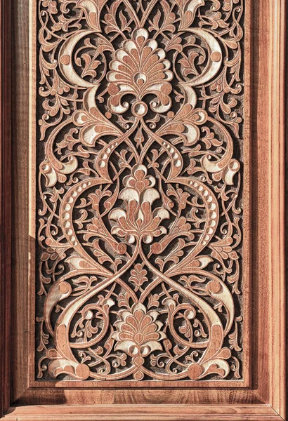 Fragment Ancient Carved Wooden Door Ornate Background Стоковая Картинка