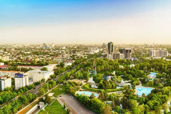 stock image Uzbekistan, Tashkent - April 24, 2023: Top view from the observation deck on the Tashkent TV tower to the central part of the city during the daytime in springtime.