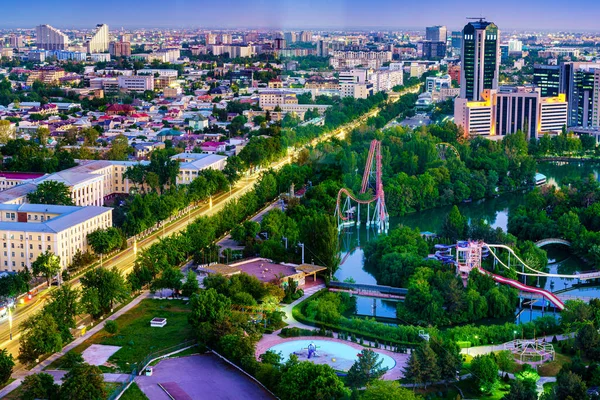 stock image Uzbekistan, Tashkent - April 24, 2023: Top view from the observation deck on the Tashkent TV tower to the central part of the city during the twilight in springtime.