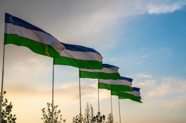 Özbekistan bayrakları gün batımında veya gün doğumunda dramatik bulutlu arkaplanda dalgalanıyor.