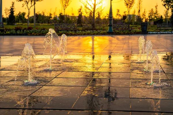 Kaldırımdaki Küçük Fıskiyeler Gün Batımında Gün Işığıyla Aydınlatılır Yazın Parkta — Stok fotoğraf