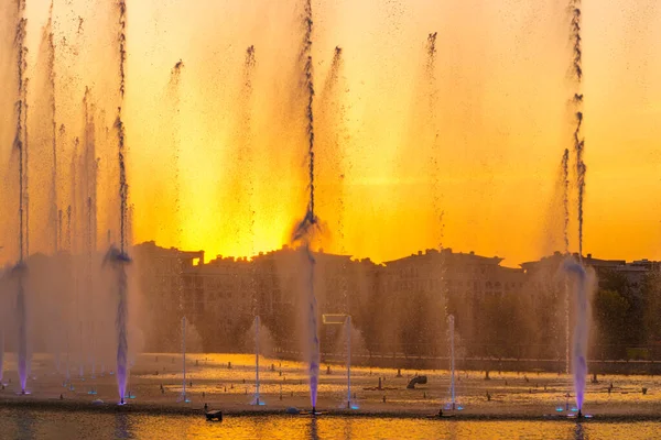 Большие Фонтаны Искусственном Пруду Освещенные Солнечным Светом Закате Ташкентском Городском — стоковое фото