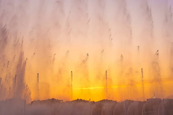 Grandes Fontaines Sur Étang Artificiel Éclairées Par Lumière Soleil Coucher — Photo