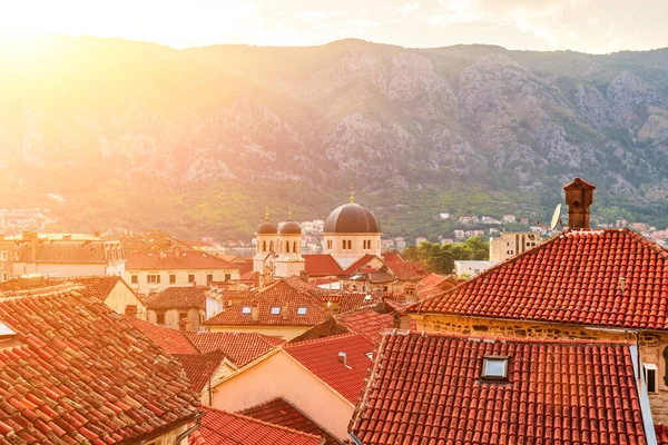 Sunset Red Tiled Roofs Old Medieval Town Kotor Montenegro — стокове фото