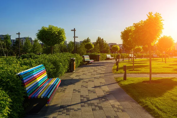 stock image Sunset or dawn in a park with cut trees, pavement, colofrul bench and green lawns at summertime.