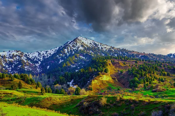 Genç Karla Kaplı Dağın Tepesi Güneşli Bir Bahar Gününde Güneşle — Stok fotoğraf