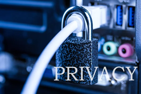 Closed Lock Hanging Network Cable Word Privacy Concept Security Blocking — Stock Photo, Image
