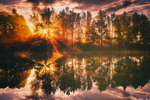 湖面或河流上的黎明 天空在水面上反射出戏剧性的云雾 岸边的桦树和穿过它们的阳光 秋天的雾 老式电影的美学 — 图库照片