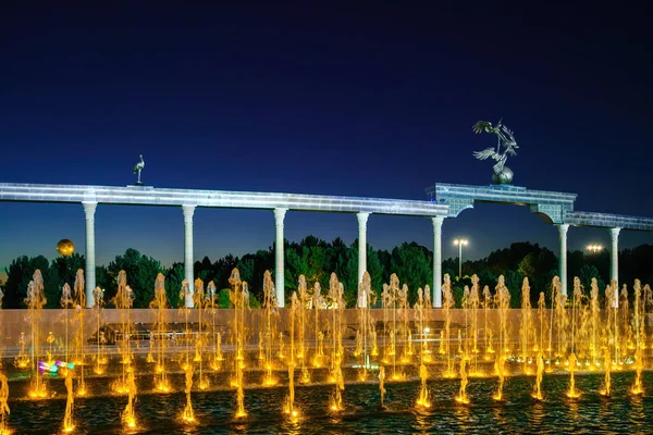 Denkmal Und Springbrunnenreihen Mit Nächtlicher Beleuchtung Auf Dem Unabhängigkeitsplatz Sommer — Stockfoto