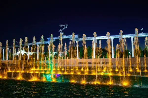 Memorial Fileiras Fontes Com Iluminação Noturna Praça Independência Verão Noite — Fotografia de Stock