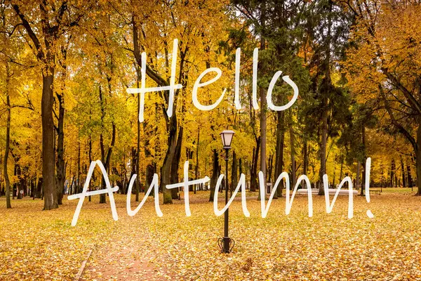 Parole Hello Autumn Sullo Sfondo Del Parco Cittadino Autunnale Con — Foto Stock