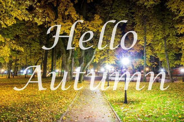 Die Worte Hallo Herbst Auf Dem Hintergrund Des Nächtlichen Stadtparks — Stockfoto
