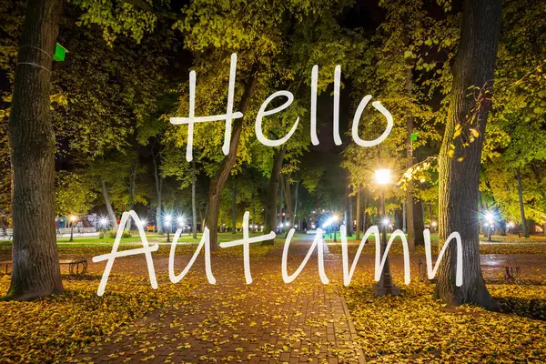Słowa Hello Autumn Tle Nocnego Parku Miejskiego Opadniętymi Liśćmi Drzewami — Zdjęcie stockowe