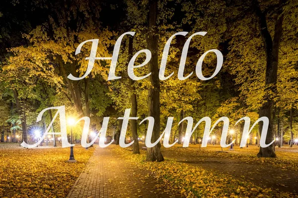Szavak Hello Autumn Háttérben Éjszakai Városi Park Lehullott Levelek Fák — Stock Fotó
