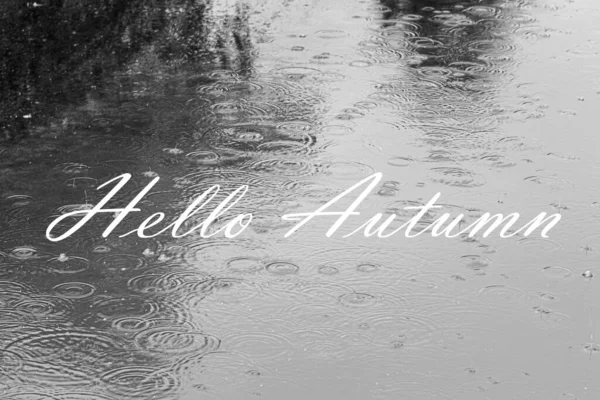 Słowa Hello Autumn Tle Kropel Deszczu Wpadających Kałuży Kartka Życzeniami — Zdjęcie stockowe