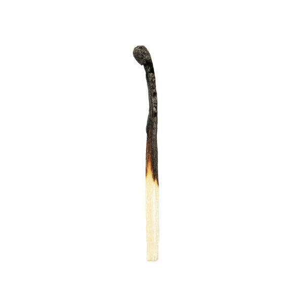 Burnt charred match isolated on a white background close-up. Burnout concept.