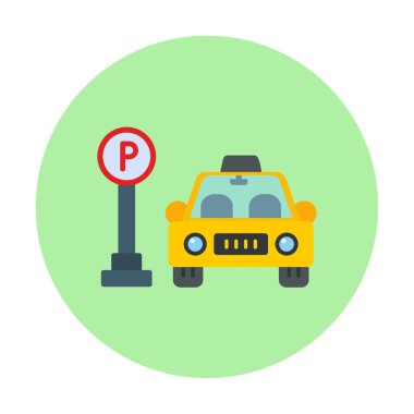 Çember vektör illüstrasyonunda park simgesinin yanındaki araba