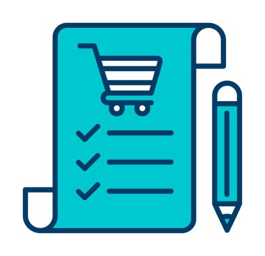 Alışveriş listesi simgesi, alışveriş arabası ve kalem, vektör illüstrasyonu