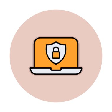 Veri Güvenlik simgesi, kalkan ve asma kilitli dizüstü bilgisayar, vektör illüstrasyonu