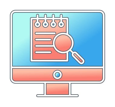 Bilgisayar simgesini ara. Bilgisayar ve büyüteç işareti. Bilgisayar sembol bul. 