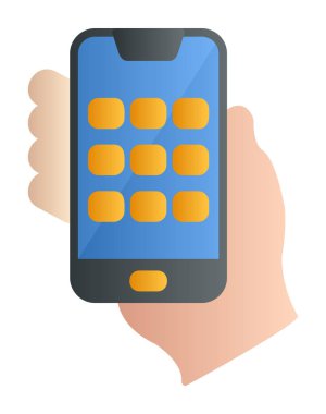 Telefon ekranı simgesi vektör illüstrasyonuyla el ele tutuşur. Erkek eli ve akıllı telefonun düz vektör çizimi