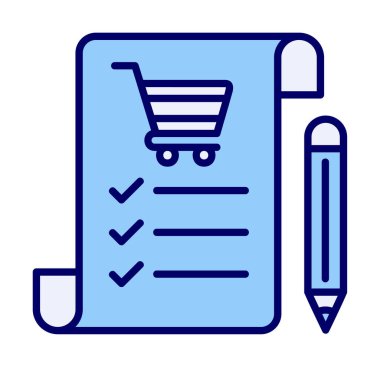 Alışveriş listesi simgesi, alışveriş arabası ve kalem, vektör illüstrasyonu