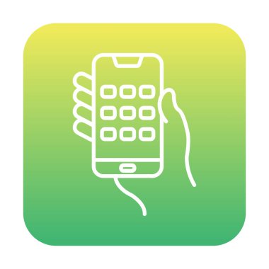 Telefon ekranı simgesi vektör illüstrasyonuyla el ele tutuşur. Erkek eli ve akıllı telefonun düz vektör çizimi