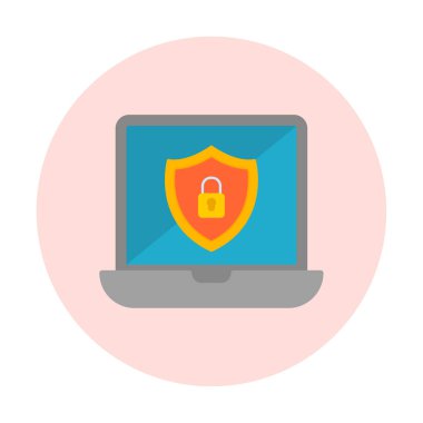 Veri Güvenlik simgesi, kalkan ve asma kilitli dizüstü bilgisayar, vektör illüstrasyonu