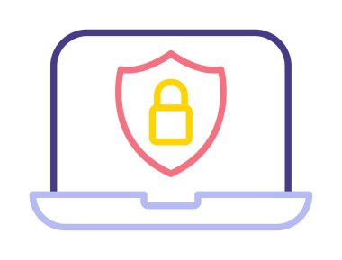 Veri Güvenlik simgesi, kalkan ve asma kilitli dizüstü bilgisayar, vektör illüstrasyonu