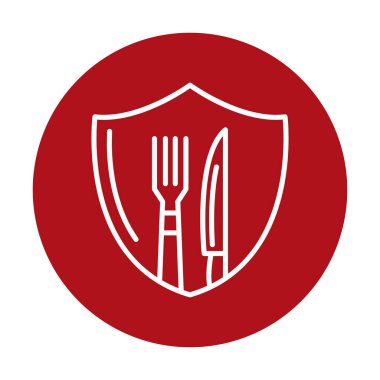 Çatal ve bıçak ikonlu kalkan. Yemek, güvenlik, restoran, kafe. vektör illüstrasyonu
