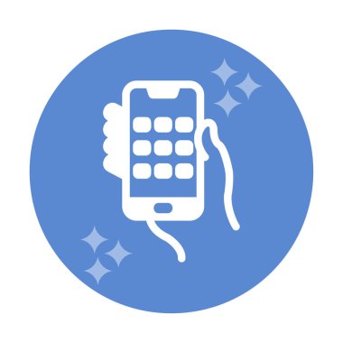 Telefon ekranı simgesi vektör illüstrasyonuyla el ele tutuşur. Erkek eli ve akıllı telefonun düz vektör çizimi