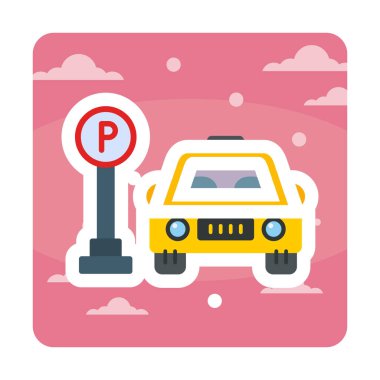 Çember vektör illüstrasyonunda park simgesinin yanındaki araba