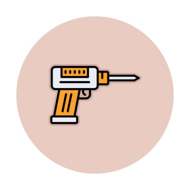 Düz dizaynlı el matkabı simgesi. Tamirci konsepti için matkap simgesi. Çizgi film dizaynında ev aletleri. Tamirci için elektrikli cihaz. Vektör illüstrasyonu